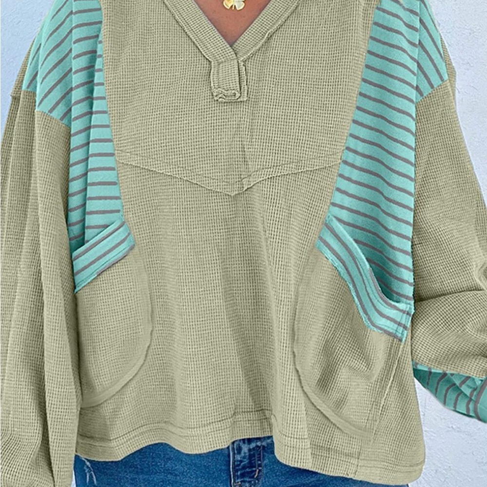 Waffle Knit V-Neck Pullover with Striped Accents - Sage & Mint